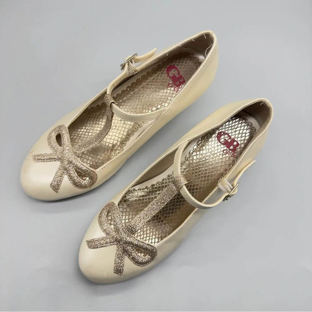 GB Girls Cream Mary Jane Heels Glitter Bow Dress Shoes Size 2M